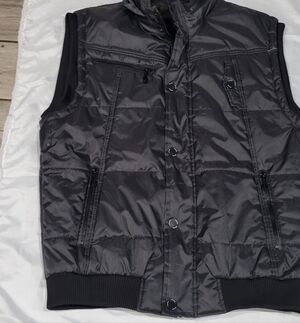 Steves Jeans Black Pinstripe Mens XLg Puffer Vest Hoodie Optional Lined